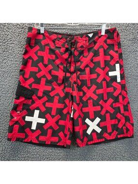Mossimo Supply Co. Mens Board Shorts 34 Black Red Cross Swimwear Beachy Skate